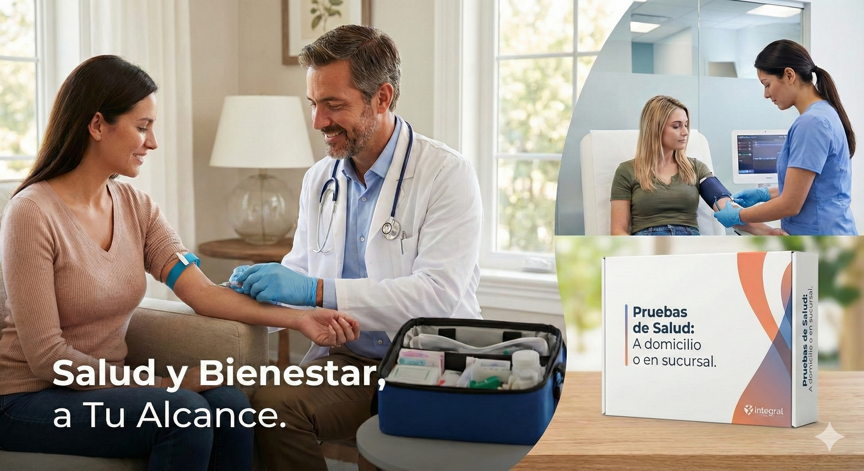 Doctor examining a patient with medical equipment and a box labeled 'Pruebas de Salud' on a table.